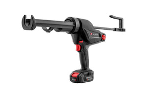 Akku Auspresspistole für Kartuschen in schwarzem und orangefarbenem Design.