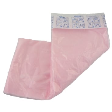 Ein rosa Vileda Staubbindetuch mit blauen Anleitungsbildern.