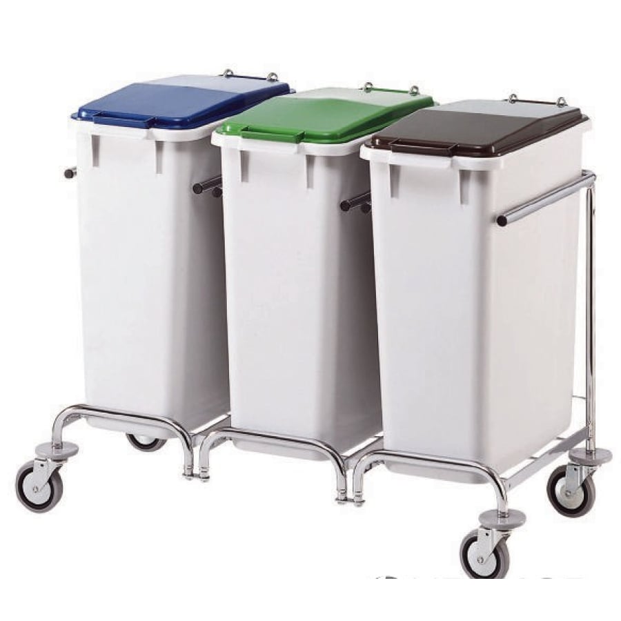 Dreifach verchromtes Grundgestell mit drei weißen Müllbehältern und farbigen Deckeln.