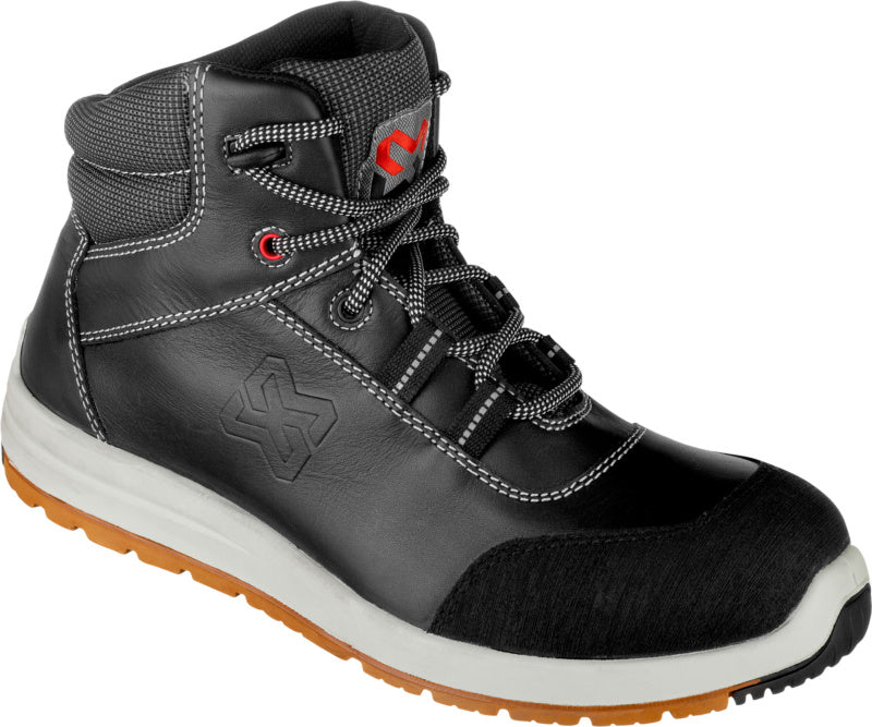 Schwarze Sicherheitsstiefel VULCAN S3 mit Stahlkappe und rutschfester Gummisohle.