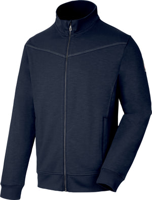 Dunkelblaue Sweatjacke mit Stretch, Reißverschluss und seitlichen Taschen für Alltag und Sport.