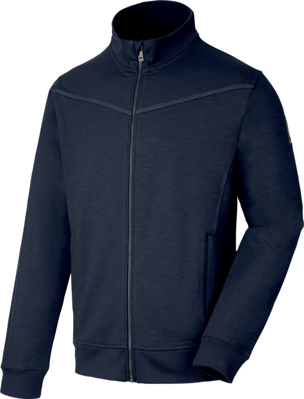 Dunkelblaue Sweatjacke mit Stretch, Reißverschluss und seitlichen Taschen für Alltag und Sport.