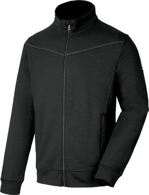 Anthrazitfarbene Sweatjacke mit Kapuze, Reißverschluss und Seitentaschen aus elastischem Material.