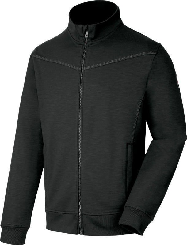 Anthrazitfarbene Sweatjacke mit Kapuze, Reißverschluss und Seitentaschen aus elastischem Material.