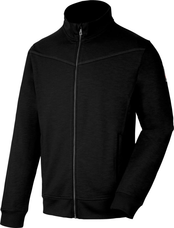 Schwarze Sweatjacke mit durchgehendem Reißverschluss und praktischen Seitentaschen.