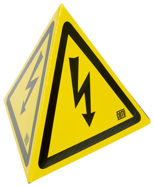 A tetrahedral warning sign with a magnifying base, displayed in five units.