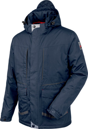 Dunkelblaue Wetterschutzjacke mit verstellbarer Kapuze und praktischen Fronttaschen.