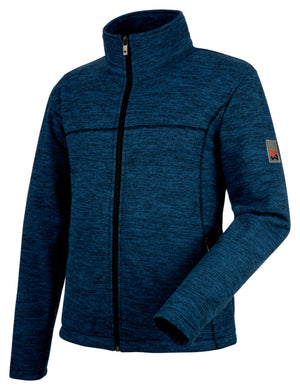 Blaue Fleecejacke mit hohem Kragen, Reißverschluss und praktischen Taschen für Werkzeuge.