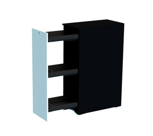 Schwarzer Bürohochcontainer mit mehreren Fächern und einer Höhe von 740 mm.