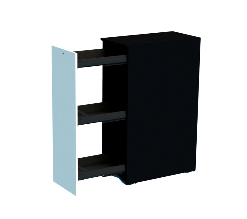 Schwarzer Bürohochcontainer mit mehreren Fächern und einer Höhe von 740 mm.