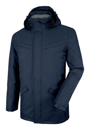 Marineblaue Wetterschutzjacke Parka mit Kapuze, wasserdicht und atmungsaktiv, taillierter Schnitt