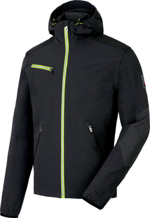 Arbeitsjacke in Anthrazit und Limette mit elastischem Softshell-Material und praktischen Taschen.