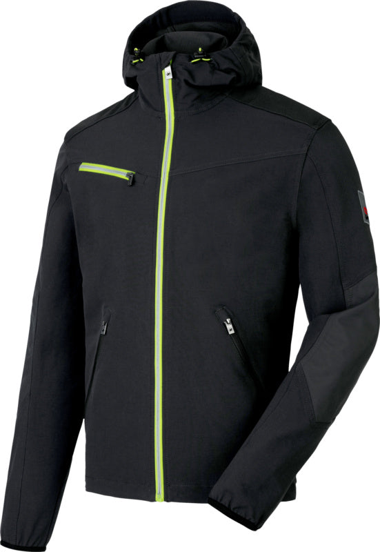 Arbeitsjacke in Anthrazit und Limette mit elastischem Softshell-Material und praktischen Taschen.