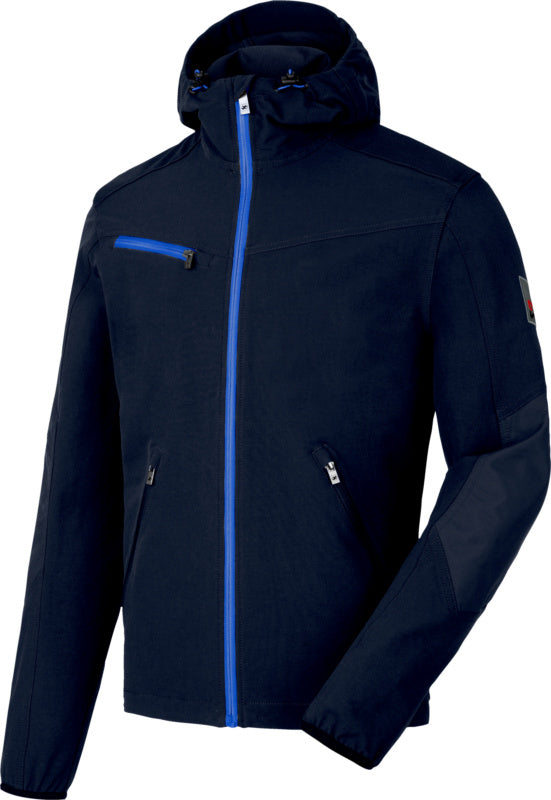 Dunkelblaue Softshell-Arbeitsjacke mit Stretch und mehreren Außentaschen in Royalblau.