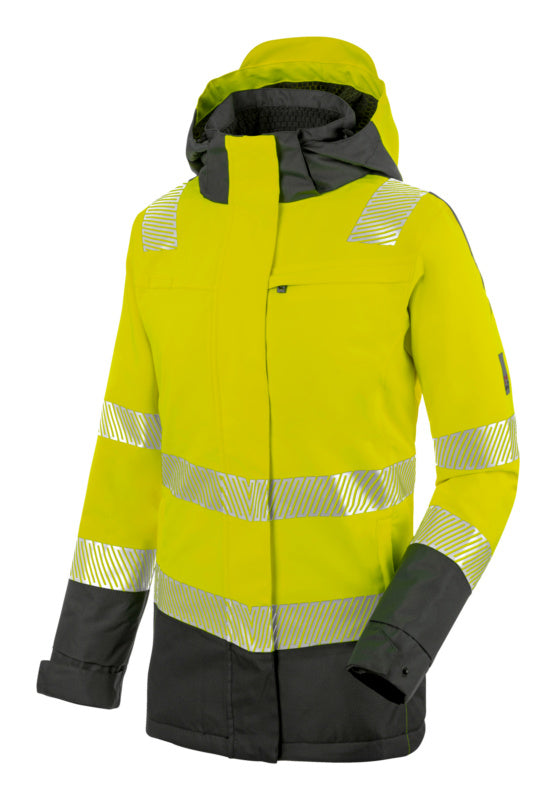 Warnschutz-Winterjacke für Damen in Neon-Gelb mit reflektierenden Streifen und mehreren Taschen