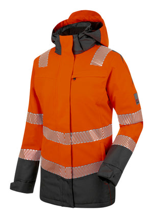 Neonorange Warnschutzjacke für Damen mit reflektierenden Elementen und warmem Innenfutter.