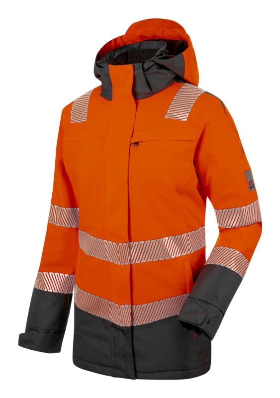 Neonorange Warnschutzjacke für Damen mit reflektierenden Elementen und warmem Innenfutter.