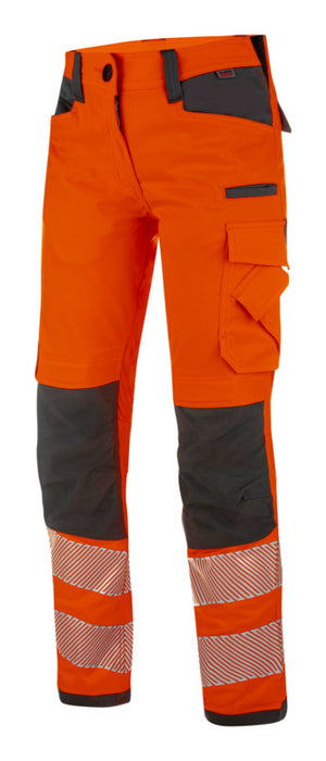 Warnschutzhose BUHO NEON für Damen in leuchtendem Orange mit grauen Akzenten und praktischen Taschen.