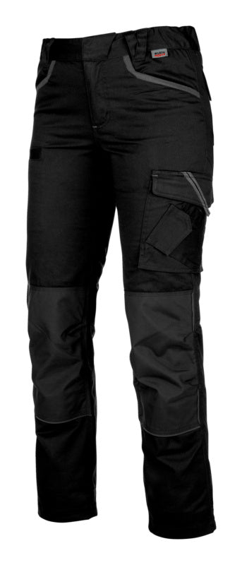Schwarze Damen Arbeitshose BUHO STRETCH X mit elastischem Bund und mehreren praktischen Taschen.