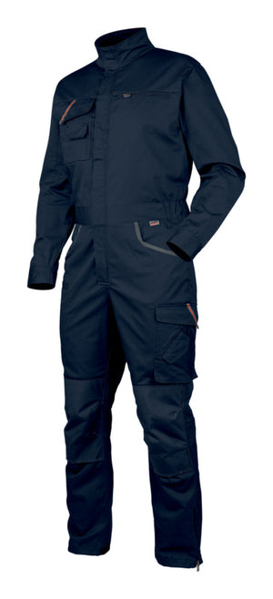 Dunkelblauer Arbeitsoverall Stretch X mit mehreren Taschen und reflektierenden Elementen.