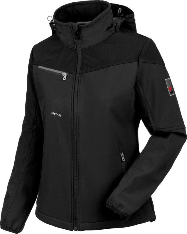 Schwarze Damen-Arbeitsjacke aus Softshell mit elastischem Stoff und praktischen Taschen.