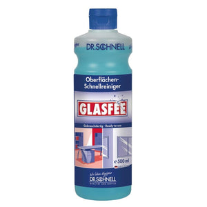 500ml Flasche mit Glasfee Reinigungslösung für streifenfreien Glanz auf Glasoberflächen.