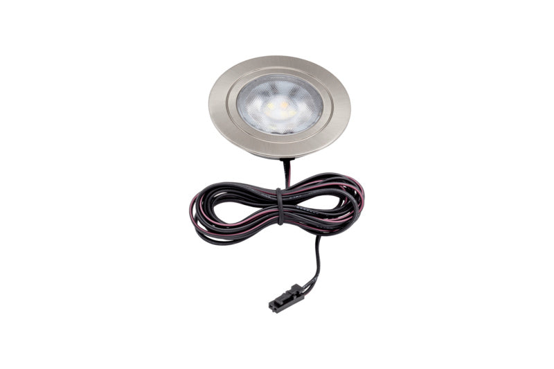 Runde LED-Einbauleuchte mit schlankem Design und warmweißem Licht für Deckenmontage.