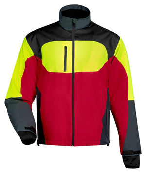 Arbeitsjacke in Rot und Gelb mit Stretchmaterial, Taschen und robustem Reißverschluss.