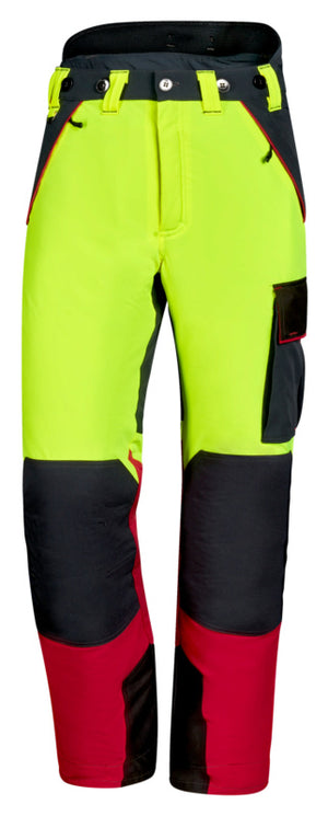 Schnittschutzhose BUHO in Gelb und Rot mit verstellbarem Bund und Belüftungsöffnungen.