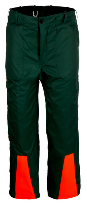Grüne Schnittschutzhose BUHO mit verstellbarem Bund und robusten Nähten für Forstarbeit