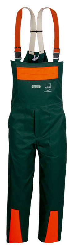 Grüne Schnittschutzhose LAHO mit Teilschnittschutz und elastischem Bund für Forstarbeiten.