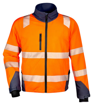 Leuchtend orange Warnschutzjacke mit dehnbarem Material und hohem Kragen für Sichtbarkeit und Komfort.