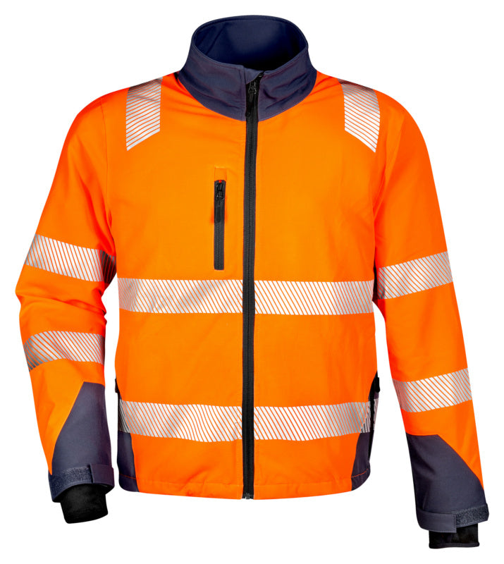 Leuchtend orange Warnschutzjacke mit dehnbarem Material und hohem Kragen für Sichtbarkeit und Komfort.