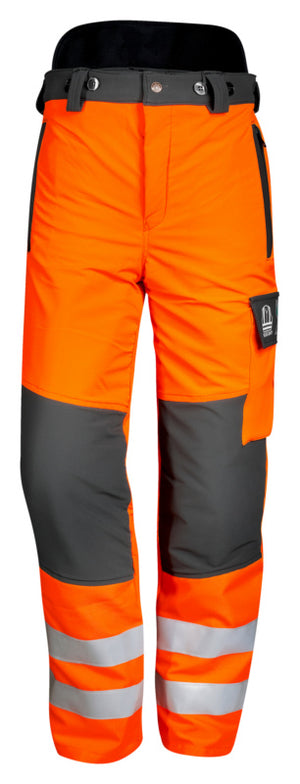 Leuchtend orange Warnschutzhose BUHO STRETCH HIVIS mit elastischem Material und Taschen.