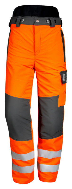 Leuchtend orange Warnschutzhose BUHO STRETCH HIVIS mit elastischem Material und Taschen.