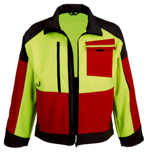 Arbeitsjacke aus Softshell in Gelb/Rot mit Taschen und wind- sowie wasserabweisendem Material.