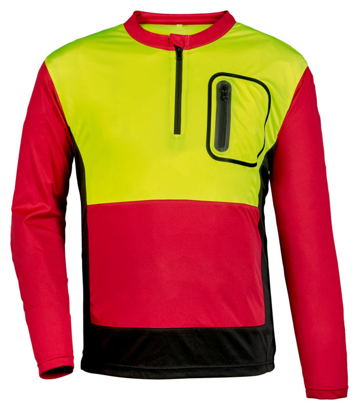 Langärmliges Arbeitsshirt in Gelb und Rot mit Brusttasche, robust und gut sichtbar.