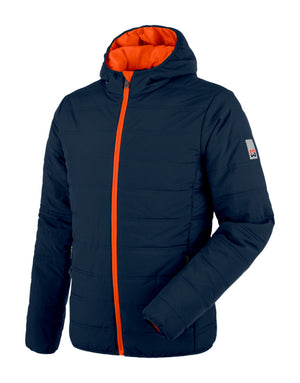 Arbeitsjacke in Dunkelblau mit orangefarbenen Akzenten, gefüttert für Wärme und Komfort.