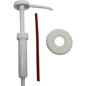 Weiße Eimerpumpe mit rotem Schlauch und weißem Drehverschluss.