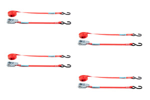 Set mit vier 25 mm breiten, 6 m langen Ratschenzurrgurten mit stabilen Haken für sicheren Transport.