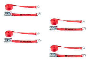 Vier robuste Ratschenzurrgurte mit 25 mm Breite, 6 m Länge und verchromten Stahlhaken.