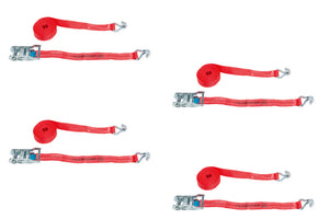 Set von vier strapazierfähigen Ratschenzurrgurten, 35 mm breit und 6 m lang, für sichere Ladungssicherung.