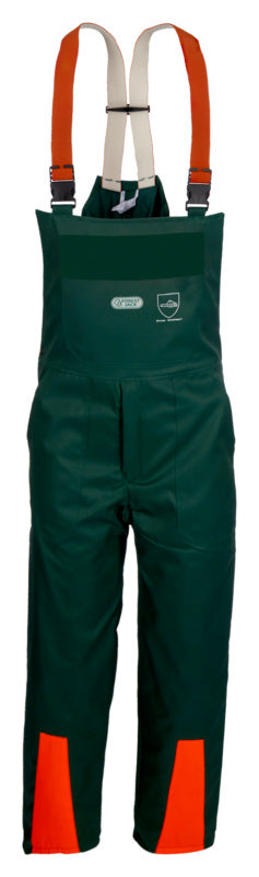 Grüne Schnittschutzhose LAHO mit Schnittschutz und verstellbaren Gürtelschlaufen für Forstarbeit.