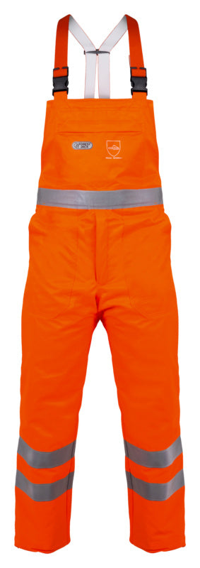 Warnschutz Arbeitslatzhose in leuchtendem Orange mit verstellbaren Trägern und reflektierenden Details.