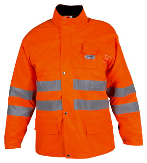 Warnschutzjacke in leuchtendem Orange mit reflektierenden Streifen und mehreren Taschen.