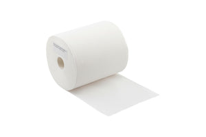 Sechs Packungen 2-lagiger, weißer Papierhandtücher aus saugfähigem Zellstoff.