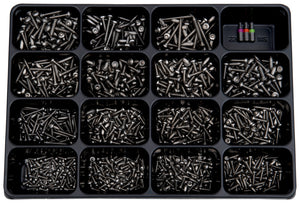 Blechschraube-Sortiment in einer Sortierbox mit 1403 Edelstahl A2 Schrauben in verschiedenen Größen.