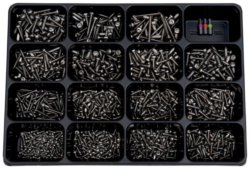 Blechschraube-Sortiment in einer Sortierbox mit 1403 Edelstahl A2 Schrauben in verschiedenen Größen.