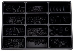 Sortiment aus verschiedenen Kabeltüllen aus Kunststoff in unterschiedlichen Größen zur Kabelorganisation.