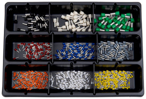 Set mit 525 isolierten Aderendhülsen in verschiedenen Größen und Farben zur sicheren Verbindung.